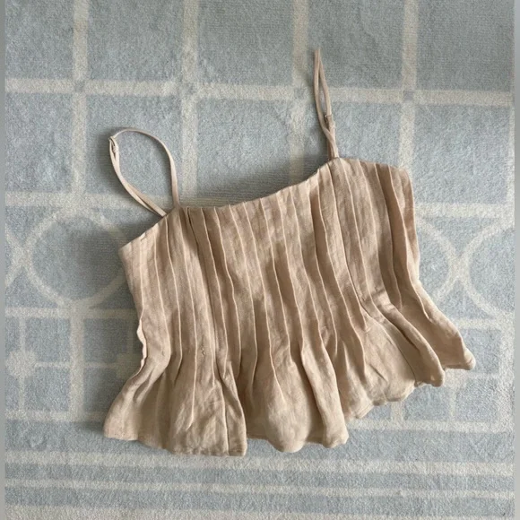 Tan / Cream Lisa Peplum Tank Top Pleated Detail - Picture 3 of 7